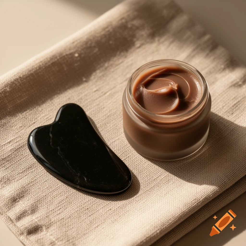 Black obsidian gua sha stone next to beef tallow balm on linen - lifestyle flatlay